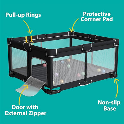 ICAREWAY Foldable Playpen for Babies and Toddlers, 71x59 Inches Portable Playpen, Kids Collapsible Play Pen with 2 Handlers, Indoor & Outdoor Baby Play Area with Visible Mesh (Black)