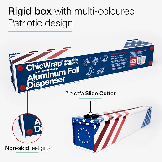 ChicWrap Red, White and Blue Refillable Foil Dispenser - One 12"x 30' Roll of Professional Grade Aluminum Foil - Reusable Dispenser w/Slide Cutter - Kosher Certified - Reduces Waste & Saves Money