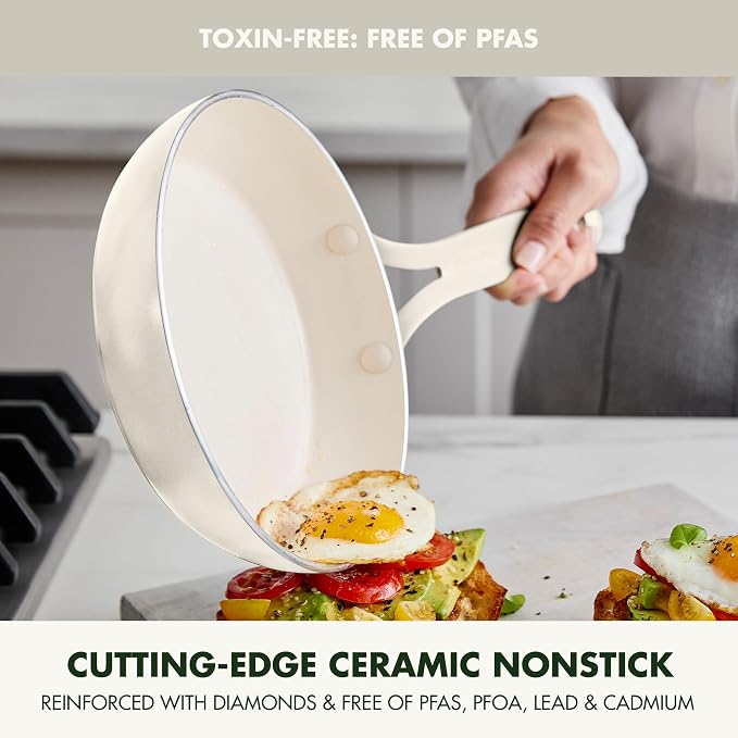 GreenPan Nova 2-Piece Nonstick Frying Pan Set, 8” & 10” Skillets, PFAS-Free Ceramic Cookware, Durable Fast Heating, Induction Ready, Omelet & Eggs, Oven Safe to 600F, Dishwasher Safe, Cream White