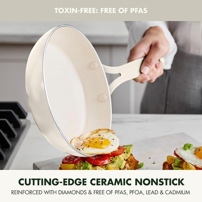 GreenPan Nova 2-Piece Nonstick Frying Pan Set, 8” & 10” Skillets, PFAS-Free Ceramic Cookware, Durable Fast Heating, Induction Ready, Omelet & Eggs, Oven Safe to 600F, Dishwasher Safe, Cream White