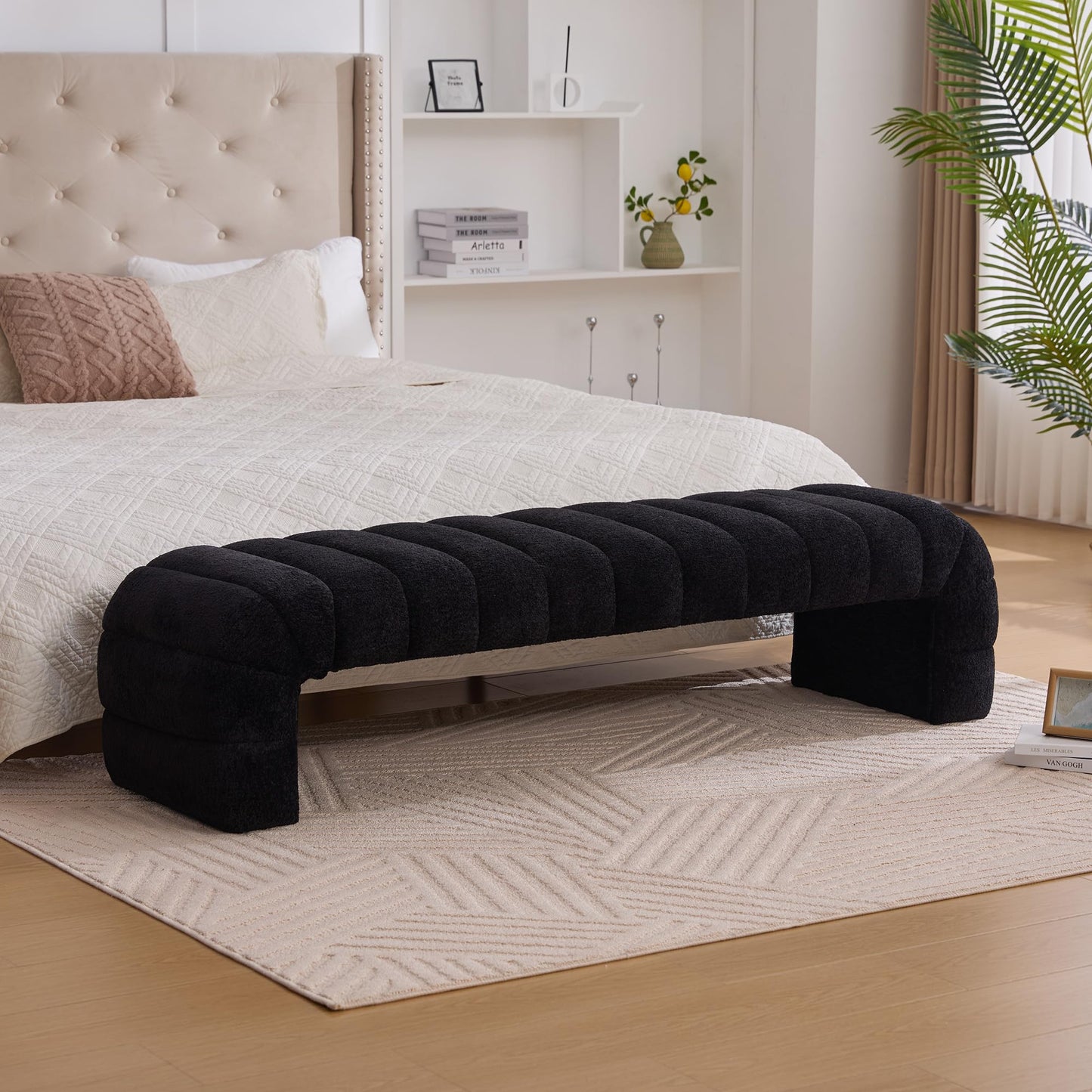 KEIKI 69.7" Modern Upholstered Armless Bed Bench, Channel Tufted Couch Daybed Chaise, Chenille Ottoman Foot Stool, Window Seat for Living Room and Bedroom, Entryway, Black