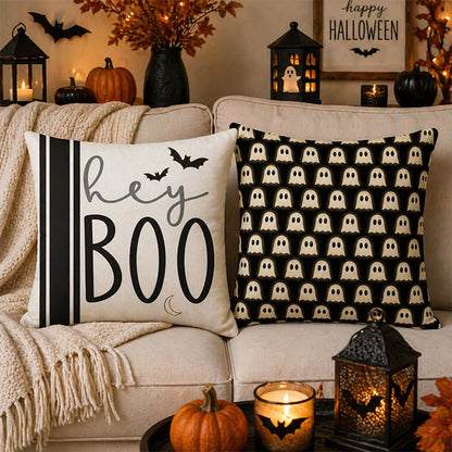 Juynyyn Halloween Hey Boo Cute Ghost Spooky Throw Pillow Covers, 18 x 18 Inch Horror Scary Cushion Case for Sofa Couch Set of 4