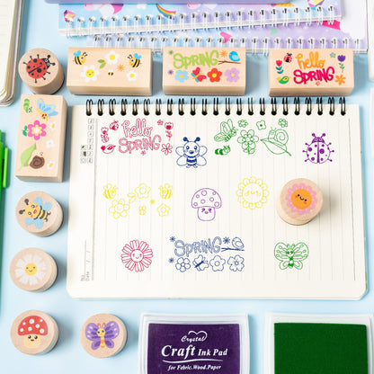 CUweipeng Spring Wooden Rubber Stamps - 30 Pcs Hello Spring DIY Craft Card Stamps Pads Animal Flower Rubber Ink Pads Set for Kids Birthday Gift Favor Classroom Card Scrapbooking Making Supplies