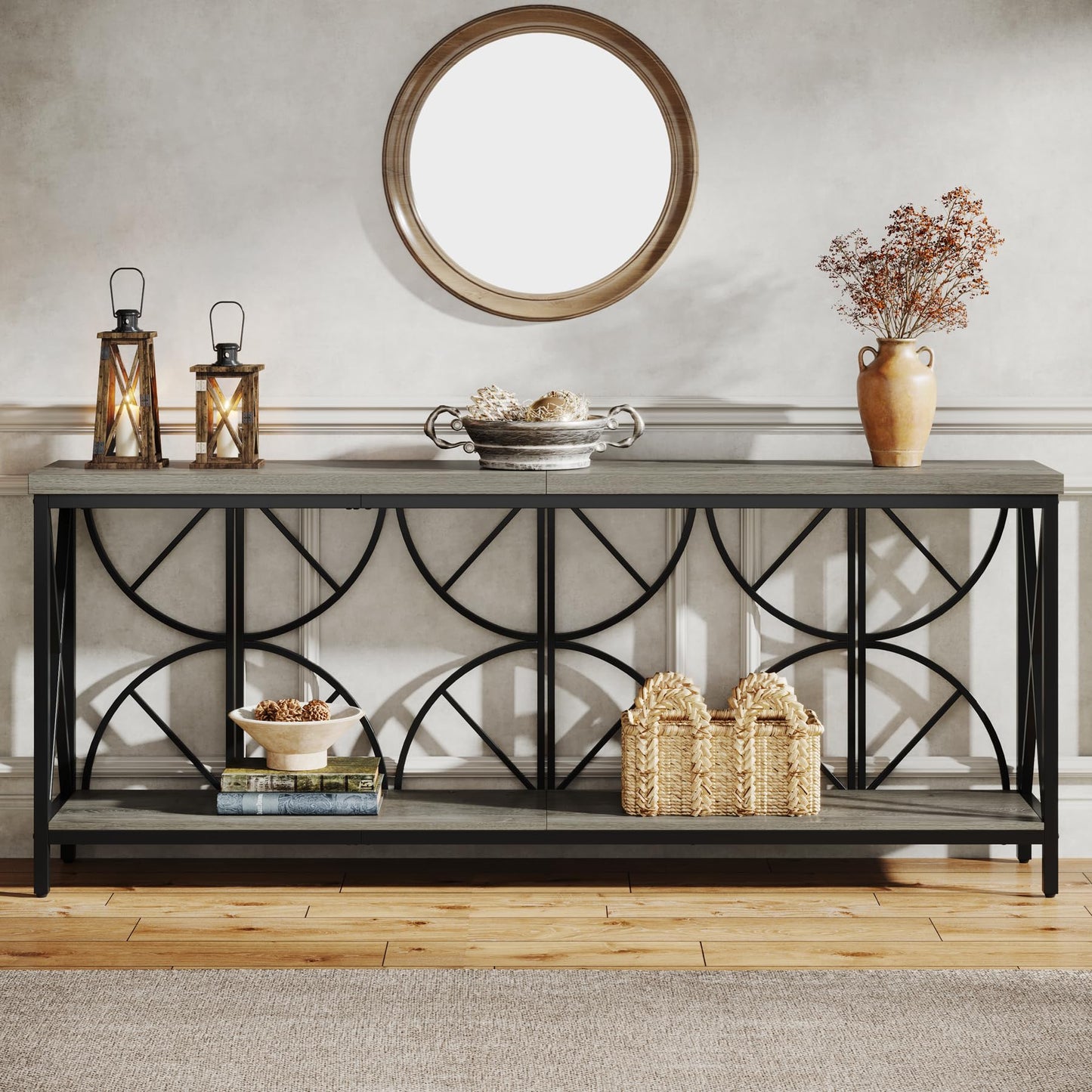Celaform 70.9-Inch Extra Long Sofa Table, Narrow Console Table Behind Couch with Storage for Entryway, Living Room, Entrance, Hallway, Foyer, Unique Geometric (Grey)