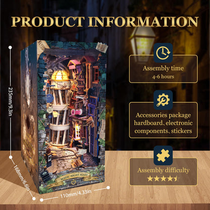 STRUCWOOD Magic Book Nook Kit - DIY Miniature House Dollhouse Kit for Adults Teens,3D Wooden Puzzle Booknook Bookshelf Insert Decor,Gifts for Family Friends -Magic Night Alley(SQ-16)