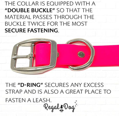 Regal Dog Products Large Pink Waterproof Biothane Dog Collar and Leash Set | Heavy Duty Double Buckle & D Ring - 5'ft Leash | Adjustable, Chew Resistant Collar for Dogs