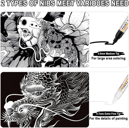 Betem 4 Count Dual Tip Oil Based White Black Paint Markers Pens(0.7mm & 3mm), Permanent Paint Marker, Waterproof, Quick Dry, for Rock Painting, Wood, Plastic, Metal, Canvas(2White 2Black)