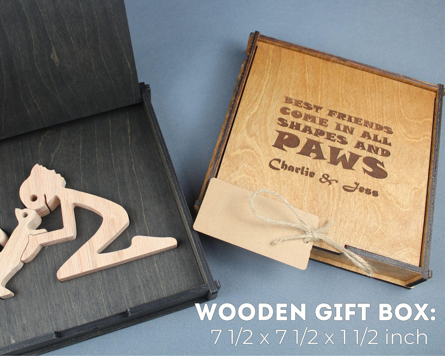 Wooden Cat & Man Figurine in Colors: Natural & Dark-Aged Oak. Boy and Kitten Wooden Statue Personalized Engraved Gift Box Wood Animal Ornament Pet Lovers Gift Handcrafted Oak Collectible Sculpture