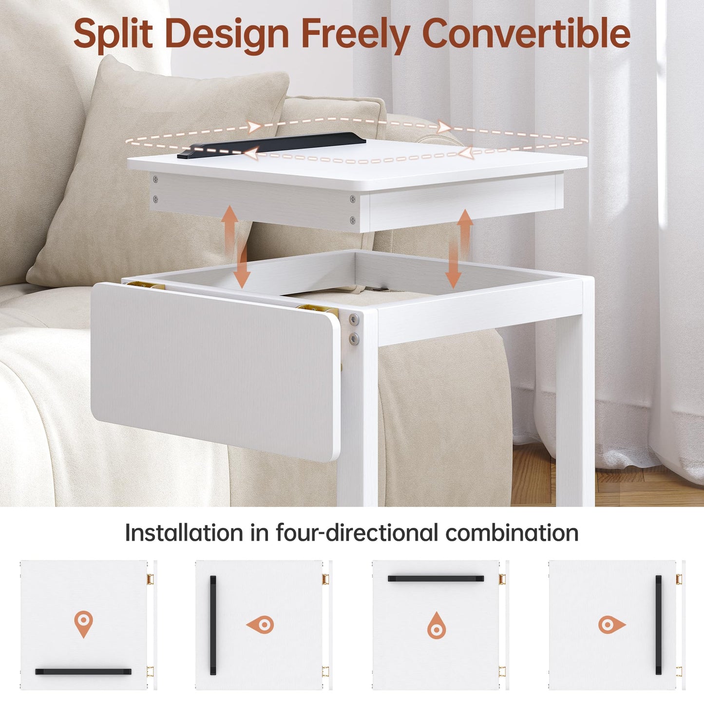 OtterOasis C Shaped End Table, Rolling Side Table with 4-Way Convertible Desktop, Wooden C Table with Multi-Functional Folding Tray & Small Chair, Side Table for Couch, Living Room, Bedroom, White