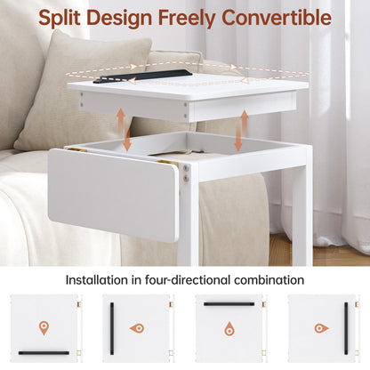 OtterOasis C Shaped End Table, Rolling Side Table with 4-Way Convertible Desktop, Wooden C Table with Multi-Functional Folding Tray & Small Chair, Side Table for Couch, Living Room, Bedroom, White