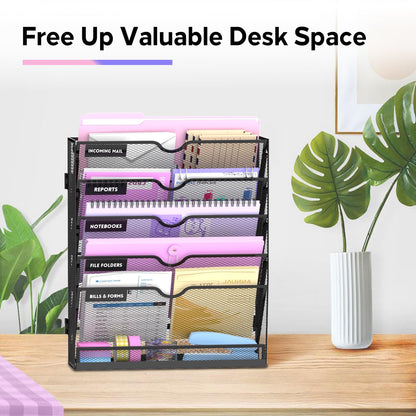 SUPEASY 6 Tier Wall File Organizer with Base, Vertical Hanging File Organizer, Wall Mounted File Holder for Mail, Documents & Folders, Metal Mesh Wall Organizer for Office Home School Classroom, Black
