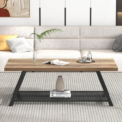 FOLUBAN Coffee Table with Storage, Modern Rustic Wood and Metal Coffee Tables for Living Room, Industrial 2-Tier Center Tea Cocktail Table, Oak, 47 Inch