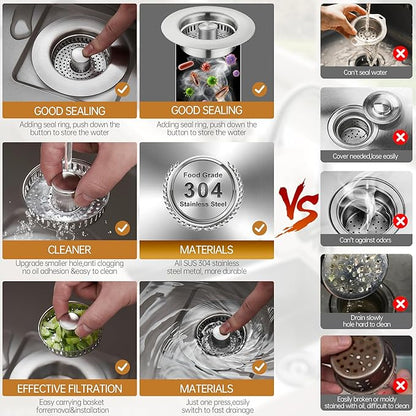 YYKBZ 3 in 1 Kitchen Sink Drain Strainer, Stainless Steel Sink Stopper