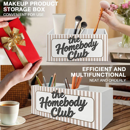 LIANGEAGOM Trendy Retro Funny Pen Pencil Holder Organizer for Desk Accessories, Introverts Gifts, the Homebody Club Neutral Striped Wooden Box Signs Decorations for Home Office Desk Tabletop