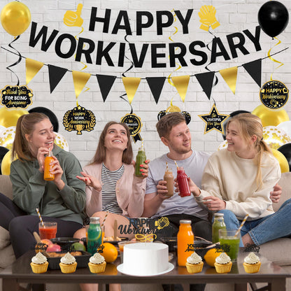 Roetyce Work Anniversary Party Decorations, Black Gold Happy Workiversary Banner Cake Topper Balloons Hanging Swirls, Work Anniversary Backdrop Background for Employee Coworker Office Party Supplies