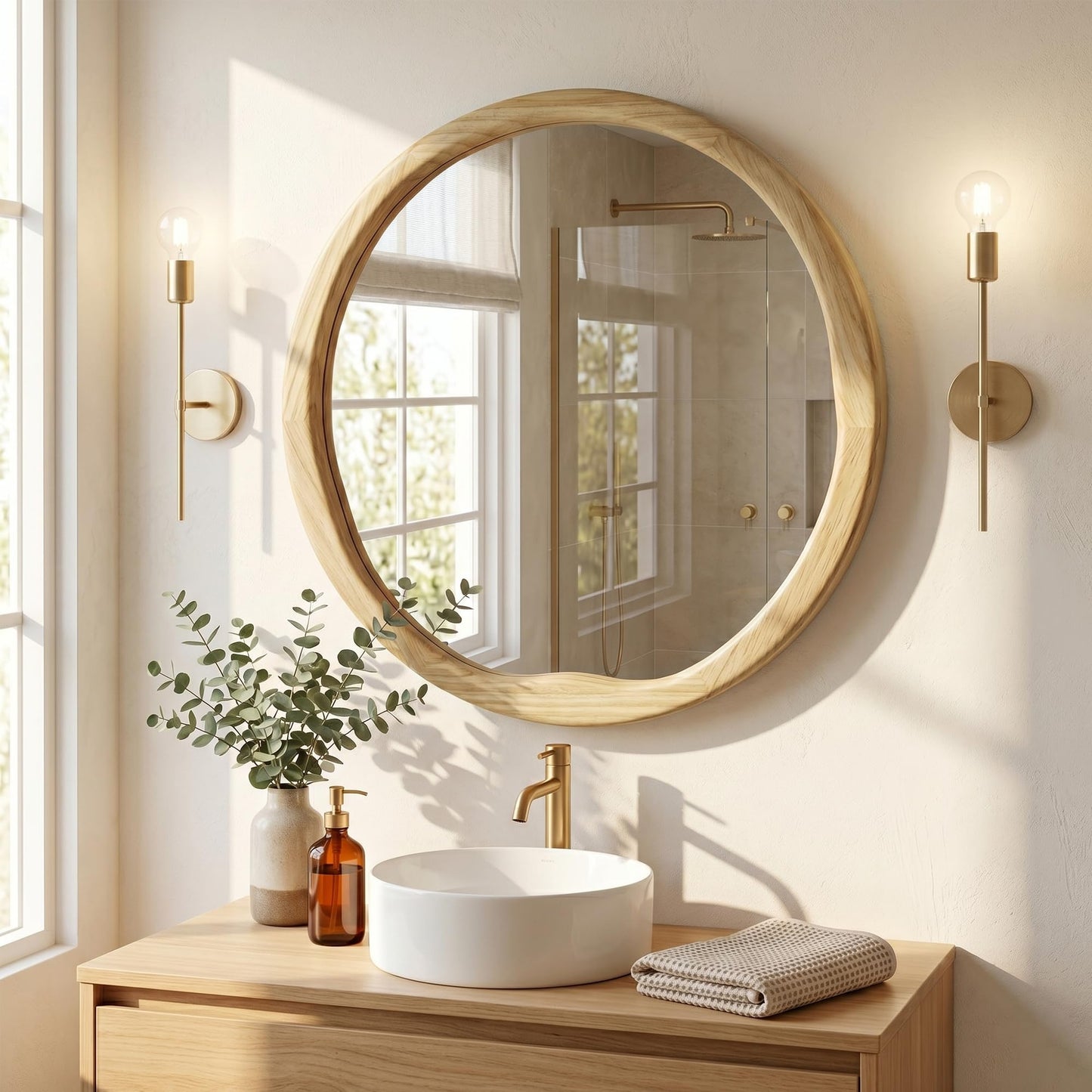 Pocetry Natural Wood Round Mirror 24 Inch, Solid Wood Framed Wall Mirror with Irregular Wavy Inner Edge for Bathroom Vanity, Bedroom & Boho Decor