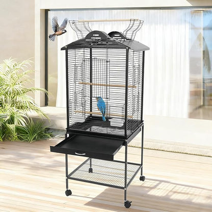 Large Playtop Bird Cage with Rolling Stand, 48 Inch Metal Frame Bird Habitat with Skylight Door & Pull-Out Tray for Cockatiel Budgie Lovebird Sun Conure