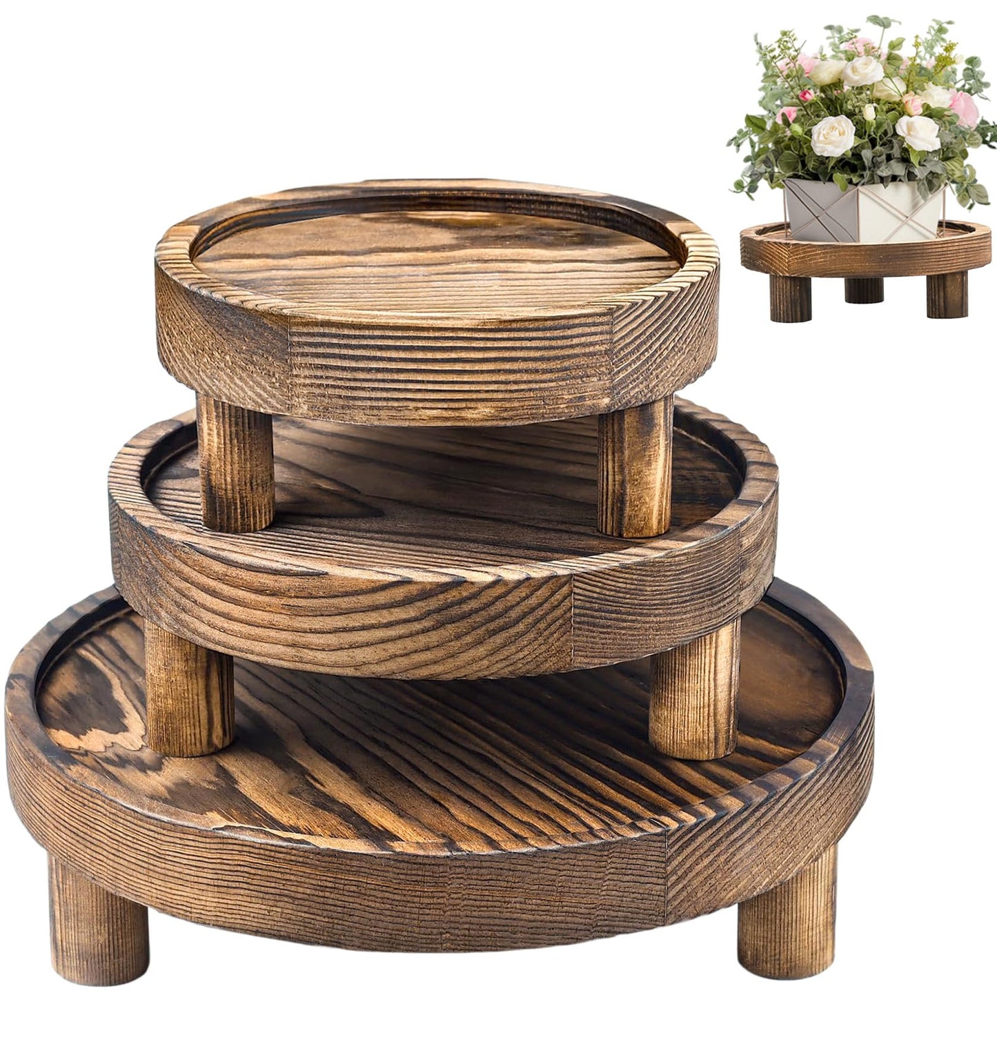 LINGXIANSENG 3 Pcs Wooden Risers for Display, Round Wood Riser Plant Stand 5/6/8" Pedestal Stand, Flower Pot Holder Small Planter Tray for Kitchen Home Décor (Brown)