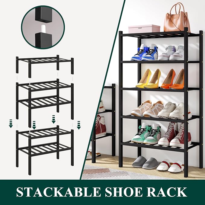 Smiry Small Bamboo Shoe Rack, 4 Tier Free Standing Wooden Shoe Organizer, Stackable Wood Shoe Storage Shelf for Closet, Entryway, 12 Vertical Slats, 2+2 Stack Standard Legs, 17.3"x11"x26", Black