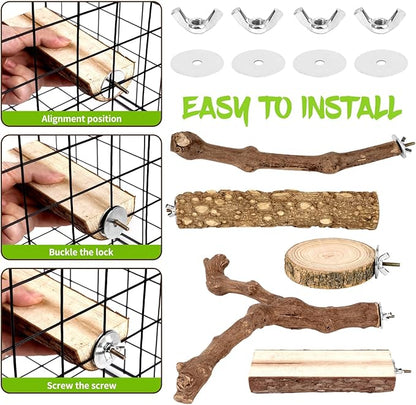 8PCS Natural Grape Wood Bird Perch Set - Parrot Cage Stand with Paw Grinding Forks, Chewing Sticks & Exercise Branches for Parakeets, Cockatiels, Conures, Budgies, Finches