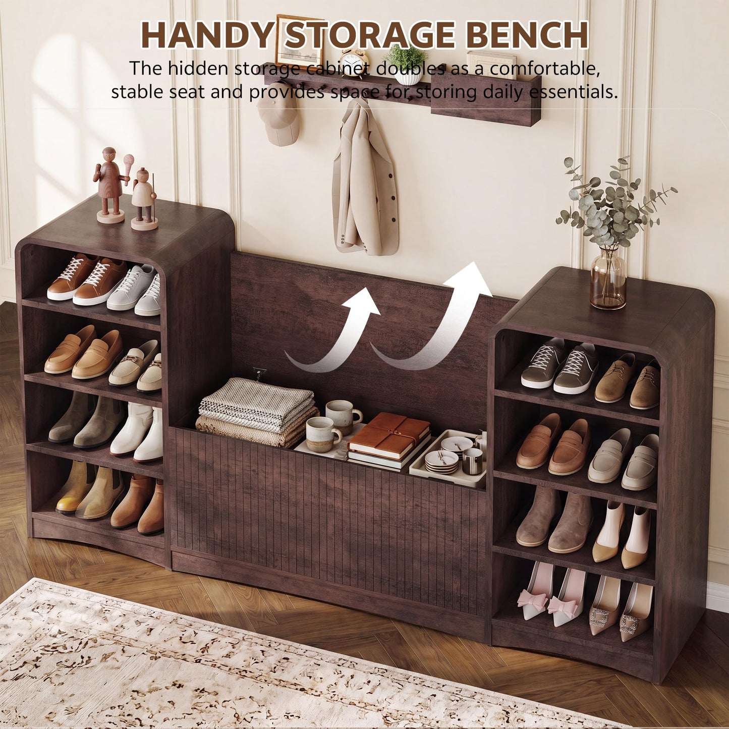Homiflex Shoe Cabinet with Bench, Entryway Bench with Shoe Storage, Wooden Shoes Rack with Adjustable Shelves, Farmhouse Organizer for Entryway, Living Room, and Stairwell, Red Brown