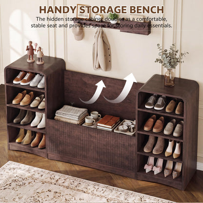 Homiflex Shoe Cabinet with Bench, Entryway Bench with Shoe Storage, Wooden Shoes Rack with Adjustable Shelves, Farmhouse Organizer for Entryway, Living Room, and Stairwell, Red Brown