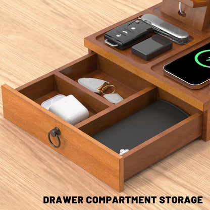 Wood Phone Docking Station with USB Ports and Outlets, Nightstand Organizer with Charging Station, Bedside Organizer with Drawer for Watch & Accessories, Christmas Anniversary Birthday Gifts for Men