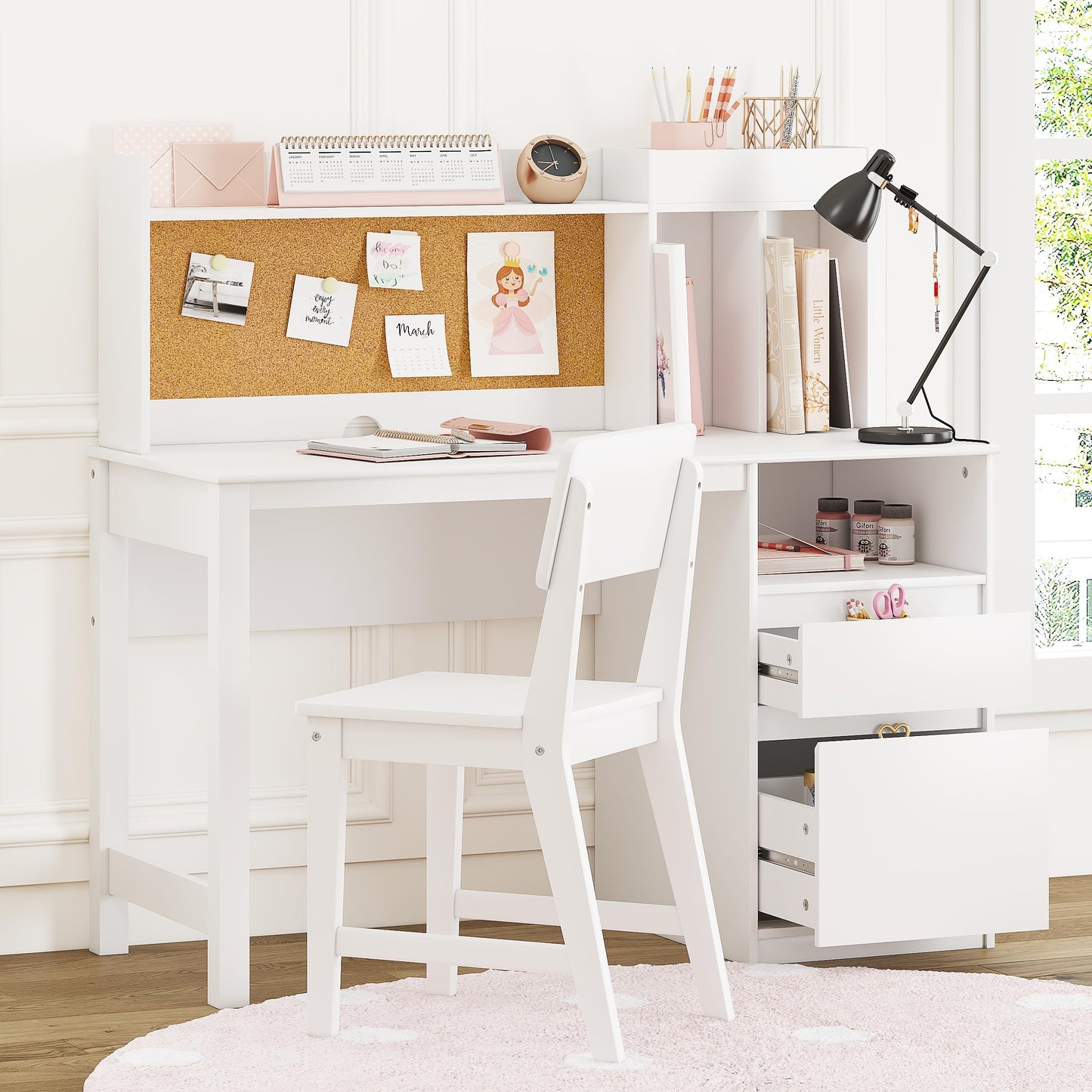Spirich Kids Desk and Chair Sets, Kids Study Desk Set with Hutch and Storage, Children Wooden Study Table for 5-12 Years Old, Student Writing Table Computer Workstation