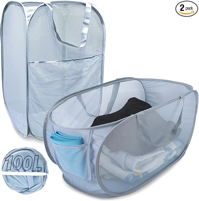 Extra Large Mesh Pop Up Laundry Hamper 2 Pack, 100L Foldable Laundry Baskets