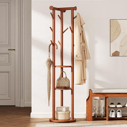 Pipishell Coat Rack Freestanding, Rolling Pine Wood Coat Tree with Wheels, 9 Hooks, T-Shaped Top & 3-Tier Shelves for Entryway, Hallway, Bedroom, Hall Tree for Coats, Bags, Hats & Scarves