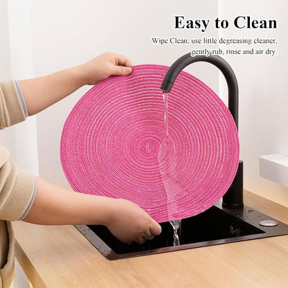 SHACOS Round Braided Placemats Set of 6 Cotton Polyester Woven Place Mats 15 inch Washable Table Mats for Kitchen Dining Tables (Hot Pink, 6)