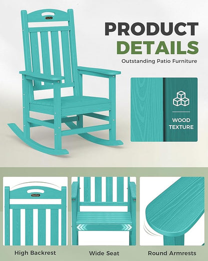 Oversized Outdoor Rocking Chair, High Back Porch Rocker Chair, HDPE All Weather Resistant Rocking Chairs for Patio, 380lbs Weight Capacity, Lake Blue