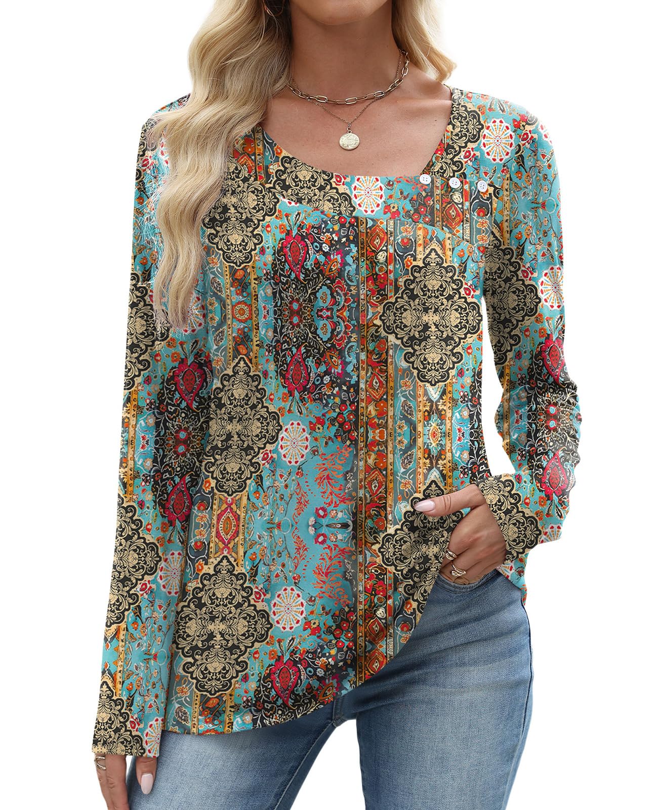 OFEEFAN Long Sleeve Shirts for Women Fall Clothes Asymmetric Square Neck Tunic Tops Decorative Buttons