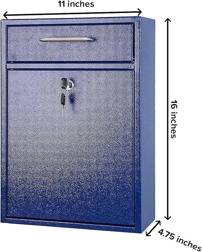 Wall Mounted Locking Vertical Dropbox Mailbox - Safe and Secure (Large) | Made with Galvanized Steel | Blue