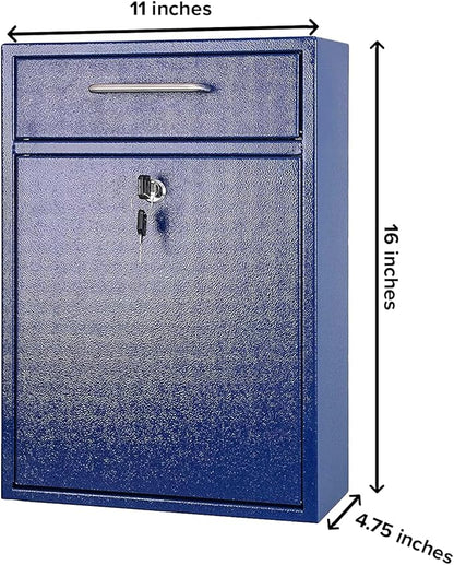 Wall Mounted Locking Vertical Dropbox Mailbox - Safe and Secure (Large) | Made with Galvanized Steel | Blue