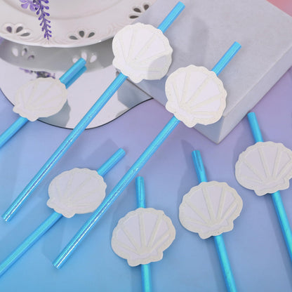 12Pcs White Shell Blue Straws - Ocean Birthday Wedding Decorations,Shell Disposable Drinking Paper Straws,Last Toast on the Coast Party Decorations,Seashells Bachelorette Party Centerpieces