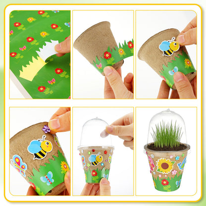 Motipuns 15 Set Summer Garden Paper Pot Craft Kit Include Plant Flower Peat Pots with Domes 4 Sheet Rhinestones Jewels Stickers and Adhesive Stickers Set for Spring DIY Craft