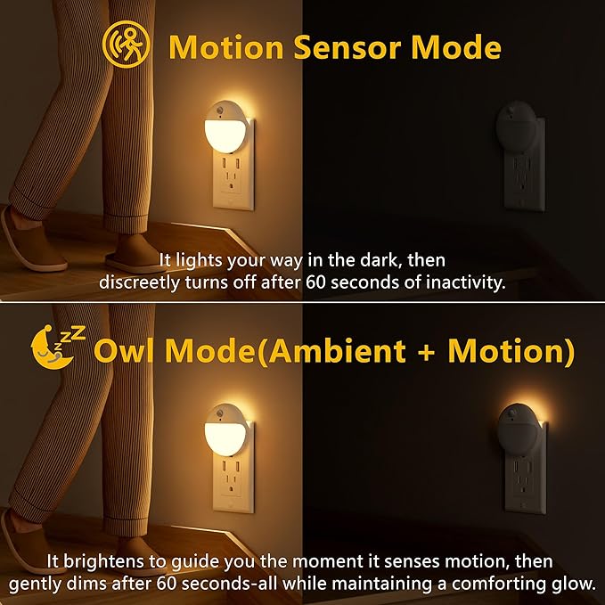 YUNLEX 2 Pack Plug in Night Light with Motion Sensor and Dusk to Dawn Sensor, Stepless Dimming, Warm White LED Nightlight with 3 Lighting Ways for Bathroom, Bedroom, Kitchen, for Kids, Adults