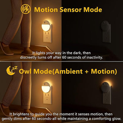 YUNLEX 2 Pack Plug in Night Light with Motion Sensor and Dusk to Dawn Sensor, Stepless Dimming, Warm White LED Nightlight with 3 Lighting Ways for Bathroom, Bedroom, Kitchen, for Kids, Adults