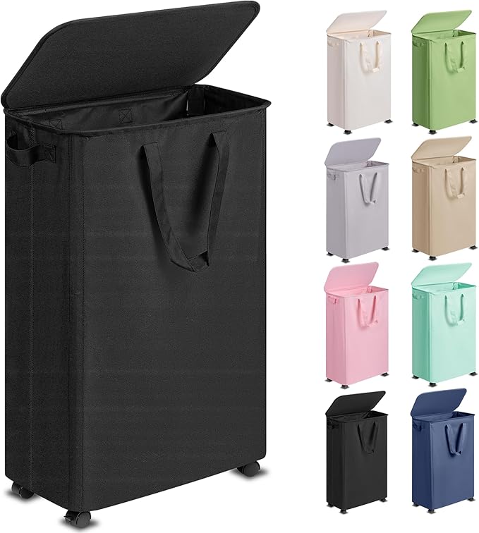 Slim Laundry Hamper with Lid and Wheels, Small Rolling Laundry Basket with