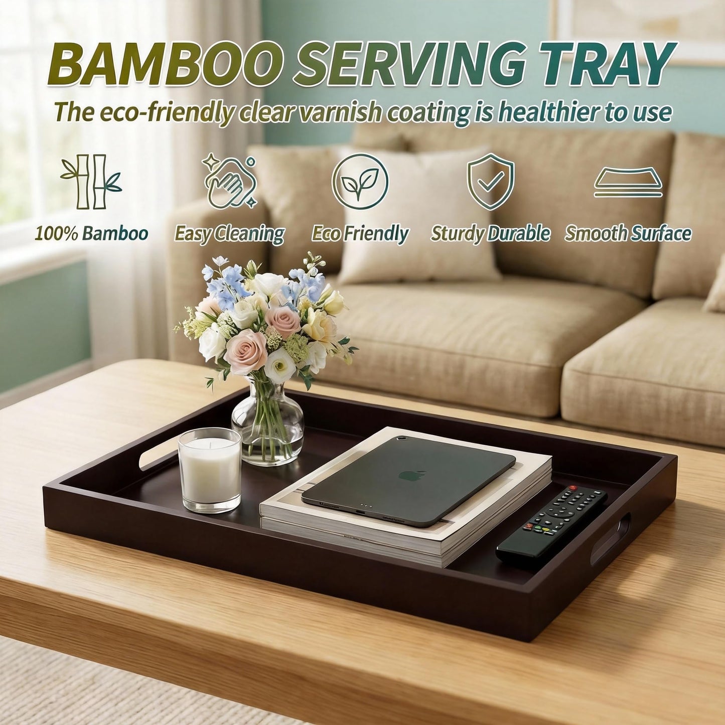 Dark Brown Bamboo Serving Tray Set of 2 with Handles, Nesting Wooden Trays for Serving Food & Drinks, Rectangular Coffee Table Ottoman Tray for Living Room Decor, Large 16.9” & Small 15.6”