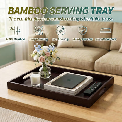 Dark Brown Bamboo Serving Tray Set of 2 with Handles, Nesting Wooden Trays for Serving Food & Drinks, Rectangular Coffee Table Ottoman Tray for Living Room Decor, Large 16.9” & Small 15.6”