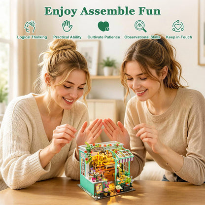 Hallisun DIY Miniature House Kit, Alice Garden Tiny 3D Wooden House Making Set for Adults, Dollhouse Bookshelf Decor with Furniture & LED Lights, Christmas Birthday Greenhouse Craft Gift for Friend