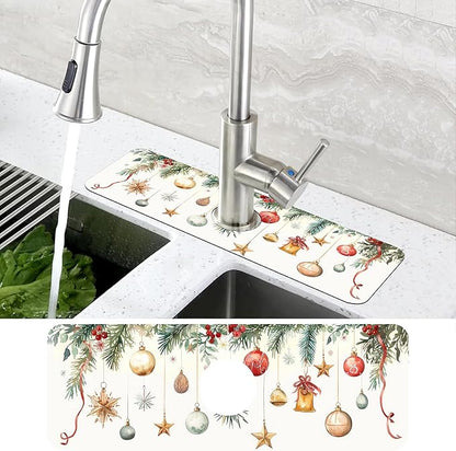 Christmas Star Balls Bells Kitchen Sink Splash Guard Mat Absorbent Fast Drying