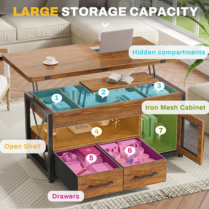 Itaar 40" Lift Top Coffee Table, 4 in 1 Coffee Tables with Storage Cabinet for Living Room, Small Farmhouse Coffee Table with 2 Fabric Drawers & LED Light for Dining Room, Rustic Brown