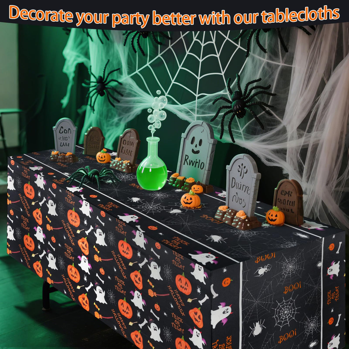 xbaiyanr 6FT Halloween Tablecloth,Pumpkin Spider Web Ghost Table Cloth for Halloween Party Decorations,Table Decor Indoor Outdoor Birthday Party Supplies(Black)