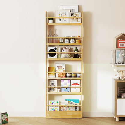 petour 6 Tier Behind The Door Bookshelf, Space Saving Behind The Door Bookcase Wooden Kids Wall Bookcase for Bedroom Living Room Playroom (Wood)
