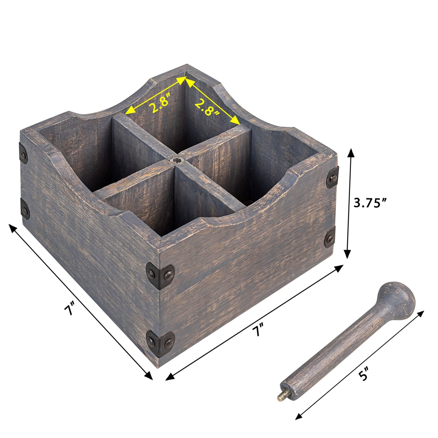 GoCraft Square Wooden Flatware & Silverware Caddy - 4 Divided Compartments, Grey Washed Mango Wood Utensil Holder with Detachable Handle Rod, Stylish Kitchen Storage Organizer for Home & Dining