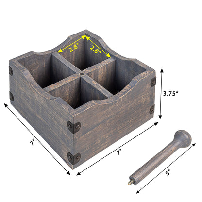 GoCraft Square Wooden Flatware & Silverware Caddy - 4 Divided Compartments, Grey Washed Mango Wood Utensil Holder with Detachable Handle Rod, Stylish Kitchen Storage Organizer for Home & Dining