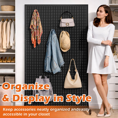 Royxen 3.5 x 6 Feet Metal Pegboard with 50 Hooks, Peg Board Display Stand with Wheels, Large Standing Pegboard Displaywith T-Base Art Display Stand for Retail Stores Exhibitions Homes (Black)
